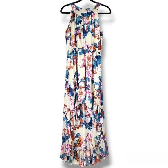 Bar III High Low Dress Asymmetric Floral Watercolor Ruffle Hem Halter Neck Small - Picture 1 of 16